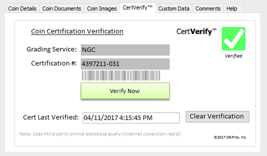 Coin Catalog Pro ™ - CertVerify™ verification of your graded coins